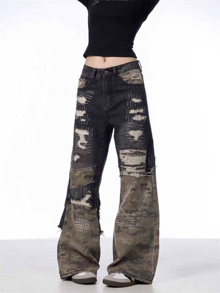 GKIKZ PATCHWORK CAMOUFLAGE WIDE-LEG PANTS
