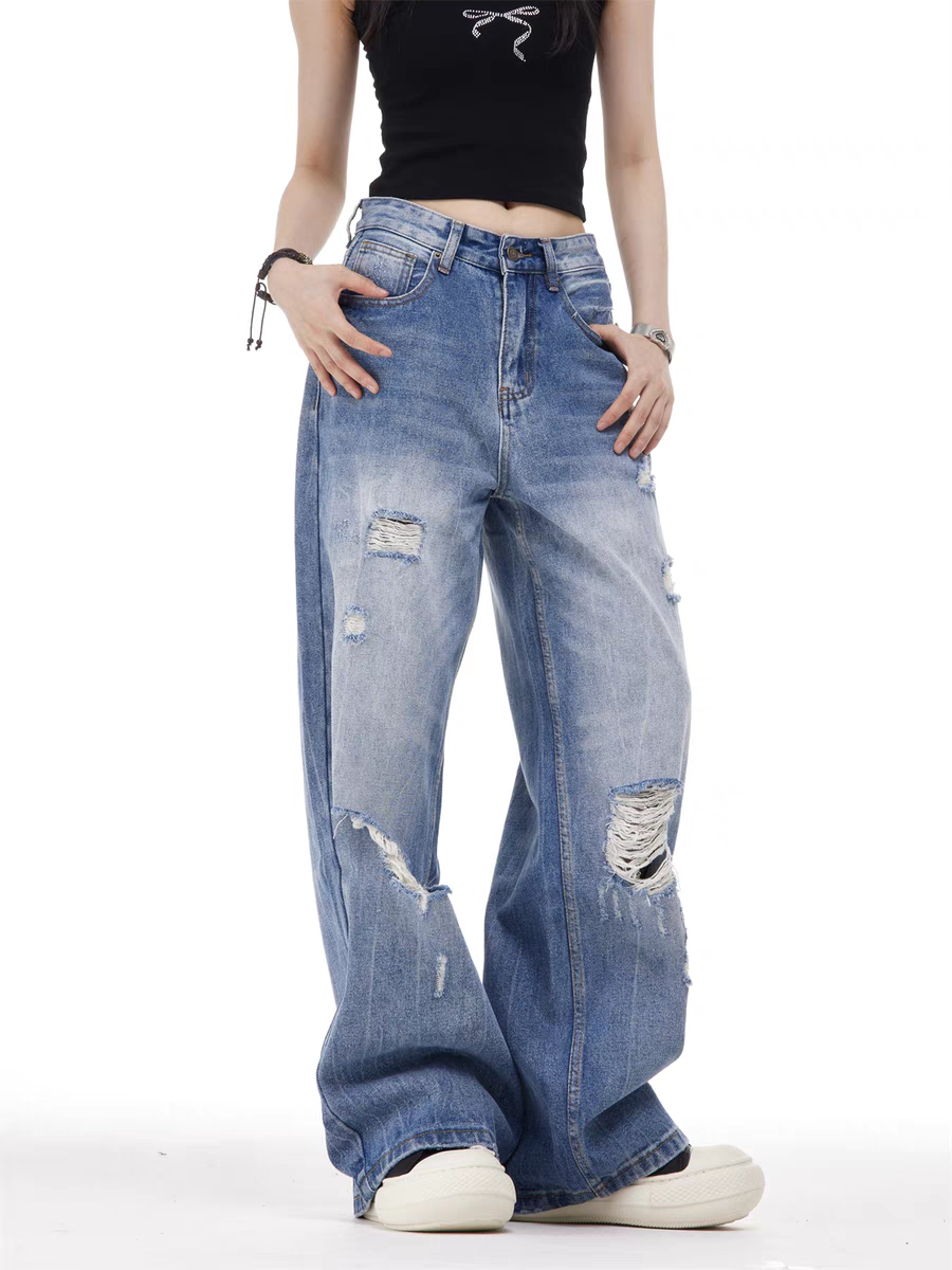 GKIKZ VINTAGE WASH RIPPED WIDE-LEG JEAN PANTS