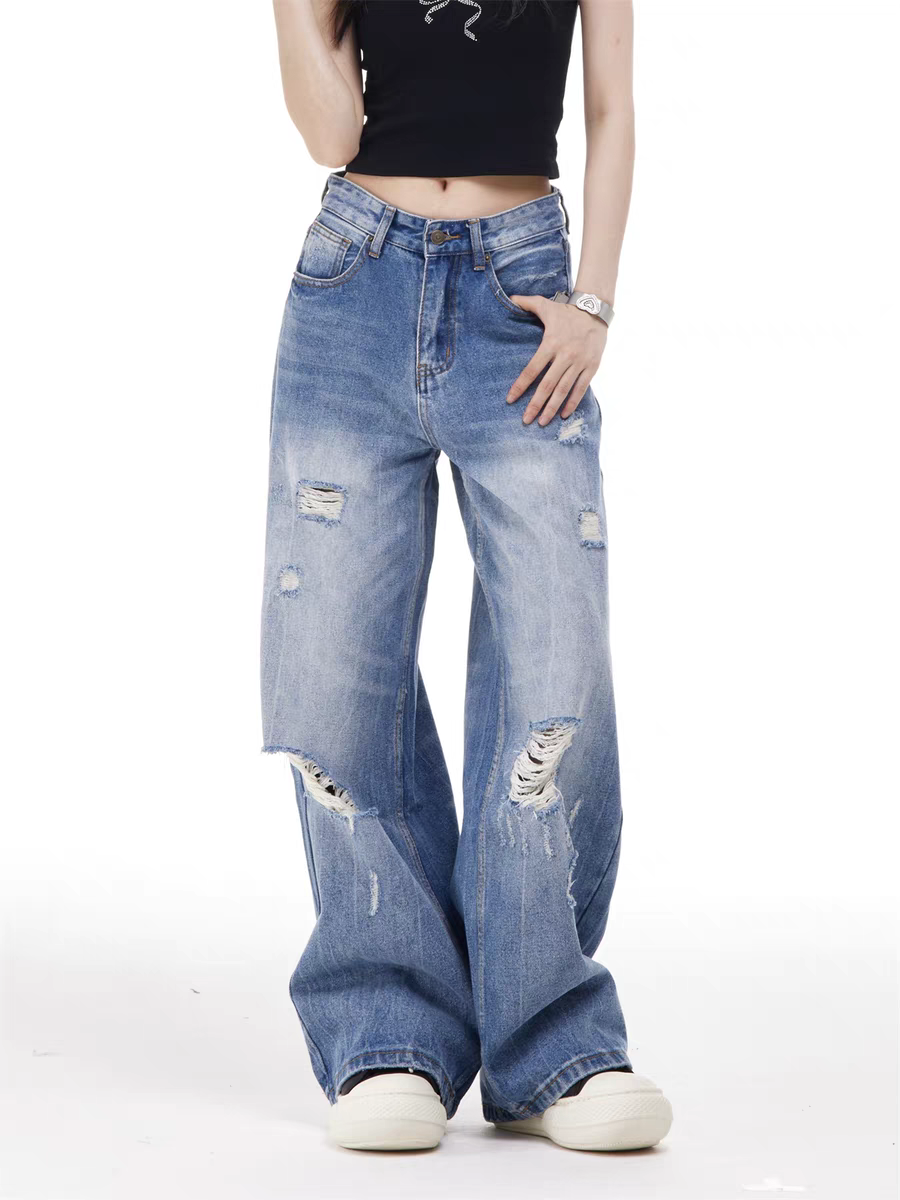 GKIKZ VINTAGE WASH RIPPED WIDE-LEG JEAN PANTS