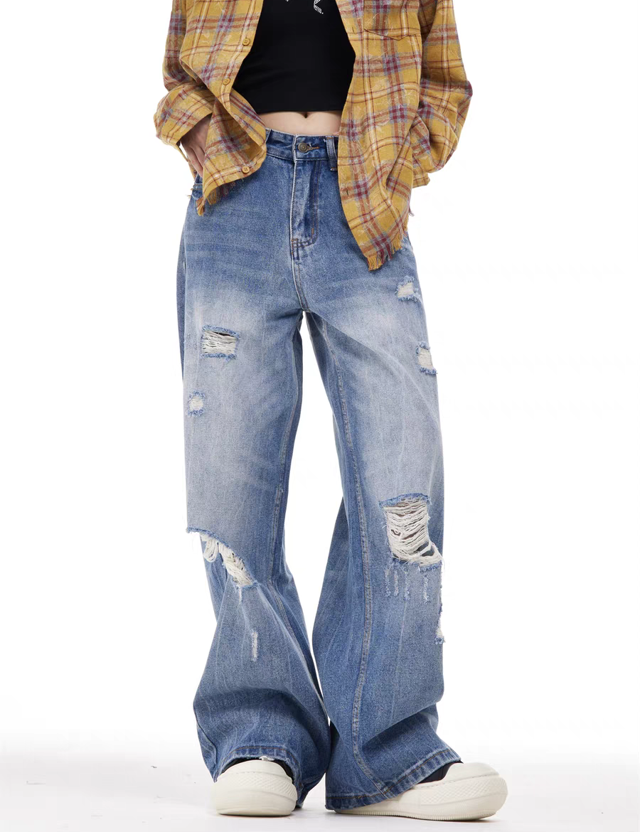 GKIKZ VINTAGE WASH RIPPED WIDE-LEG JEAN PANTS