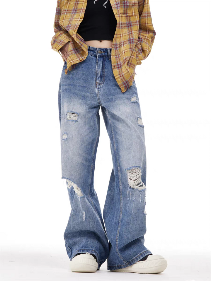 GKIKZ VINTAGE WASH RIPPED WIDE-LEG JEAN PANTS