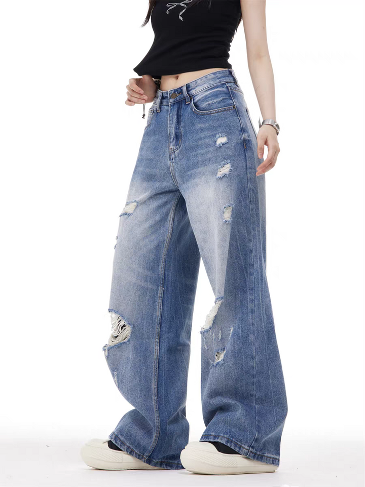 GKIKZ VINTAGE WASH RIPPED WIDE-LEG JEAN PANTS