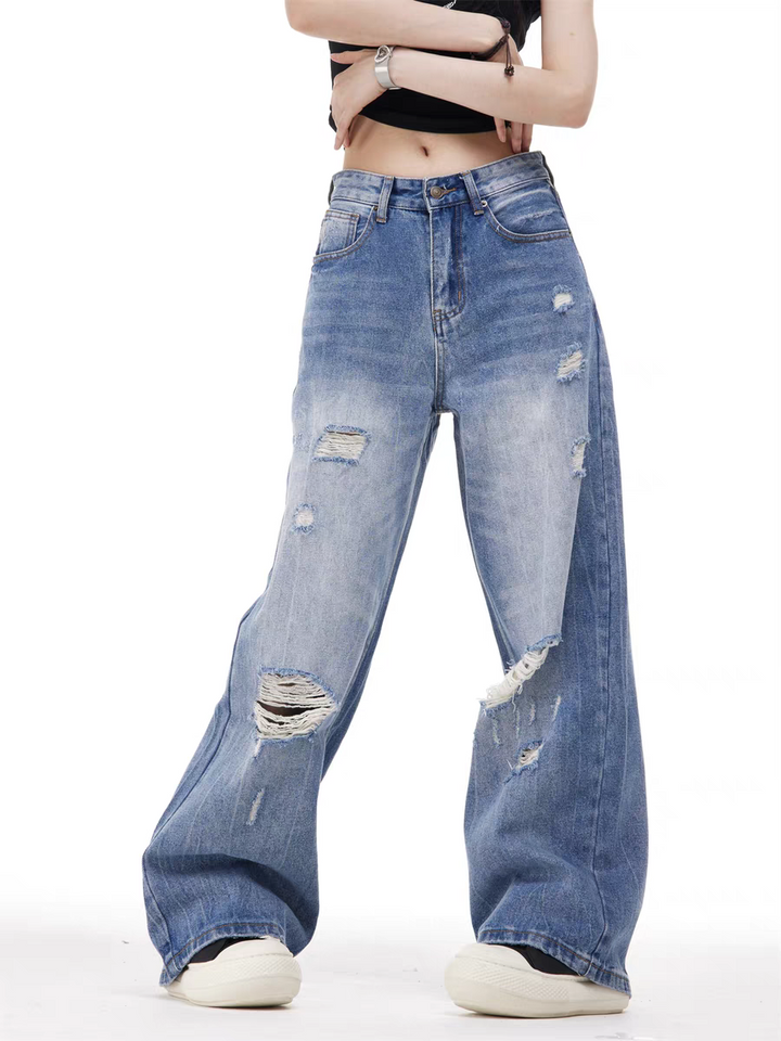 GKIKZ VINTAGE WASH RIPPED WIDE-LEG JEAN PANTS