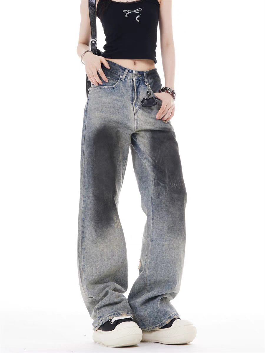 GKIKZ VINTAGE FADE DISTRESSED WIDE-LEG JEAN PANTS