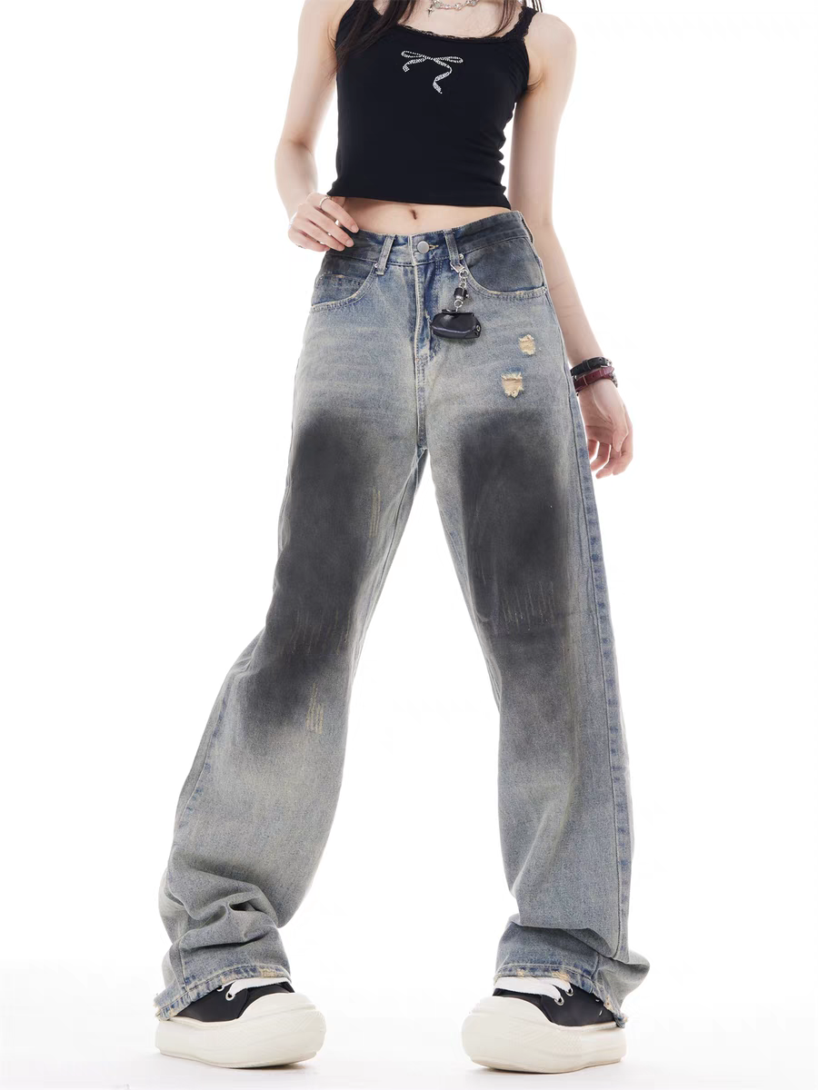 GKIKZ VINTAGE FADE DISTRESSED WIDE-LEG JEAN PANTS