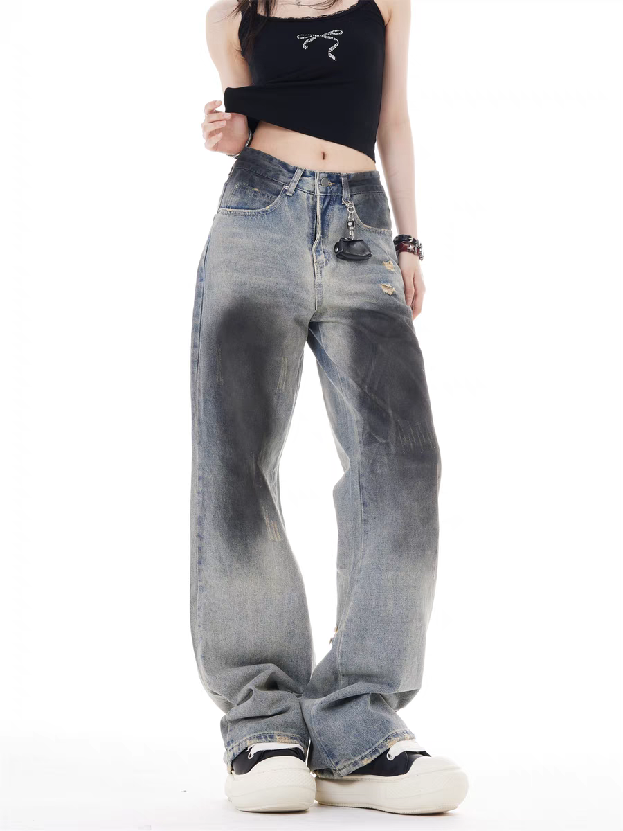 GKIKZ VINTAGE FADE DISTRESSED WIDE-LEG JEAN PANTS