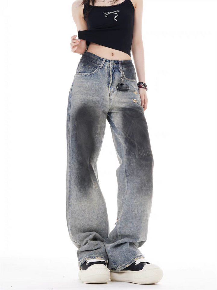 GKIKZ VINTAGE FADE DISTRESSED WIDE-LEG JEAN PANTS
