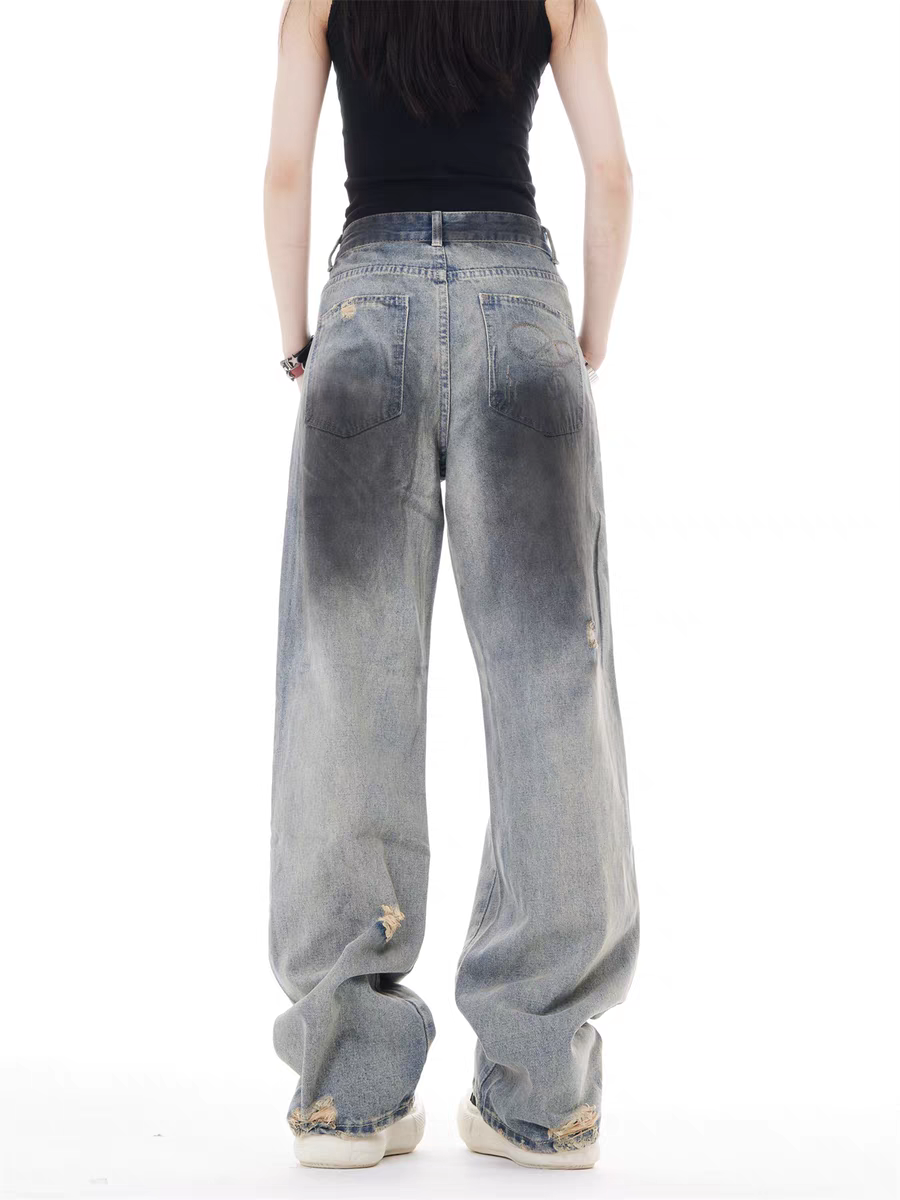 GKIKZ VINTAGE FADE DISTRESSED WIDE-LEG JEAN PANTS