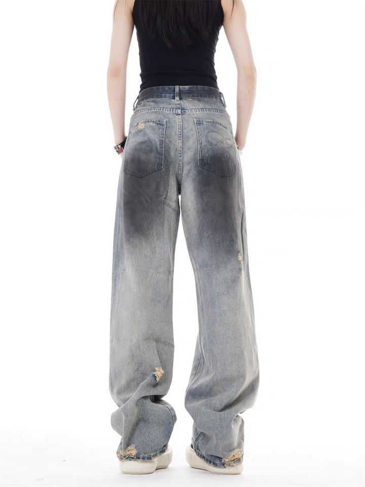 GKIKZ VINTAGE FADE DISTRESSED WIDE-LEG JEAN PANTS