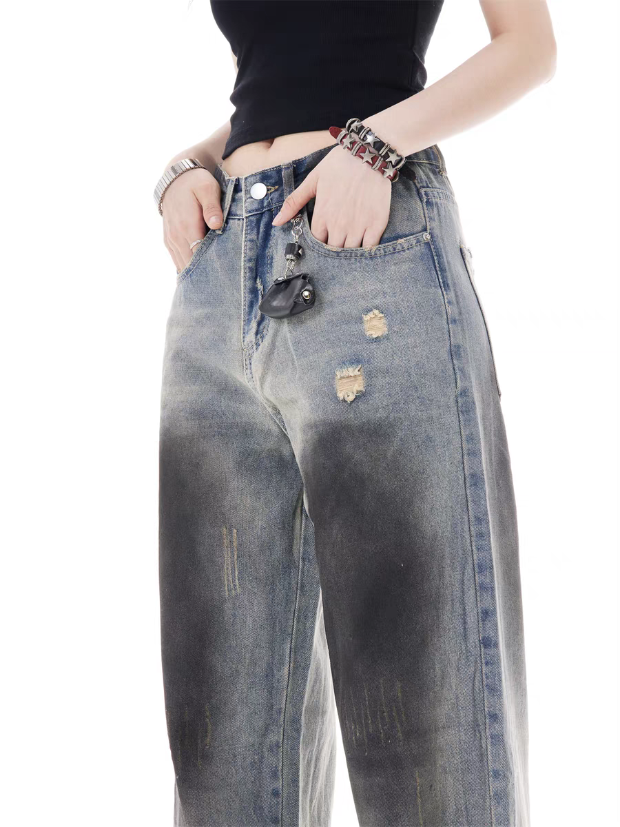 GKIKZ VINTAGE FADE DISTRESSED WIDE-LEG JEAN PANTS