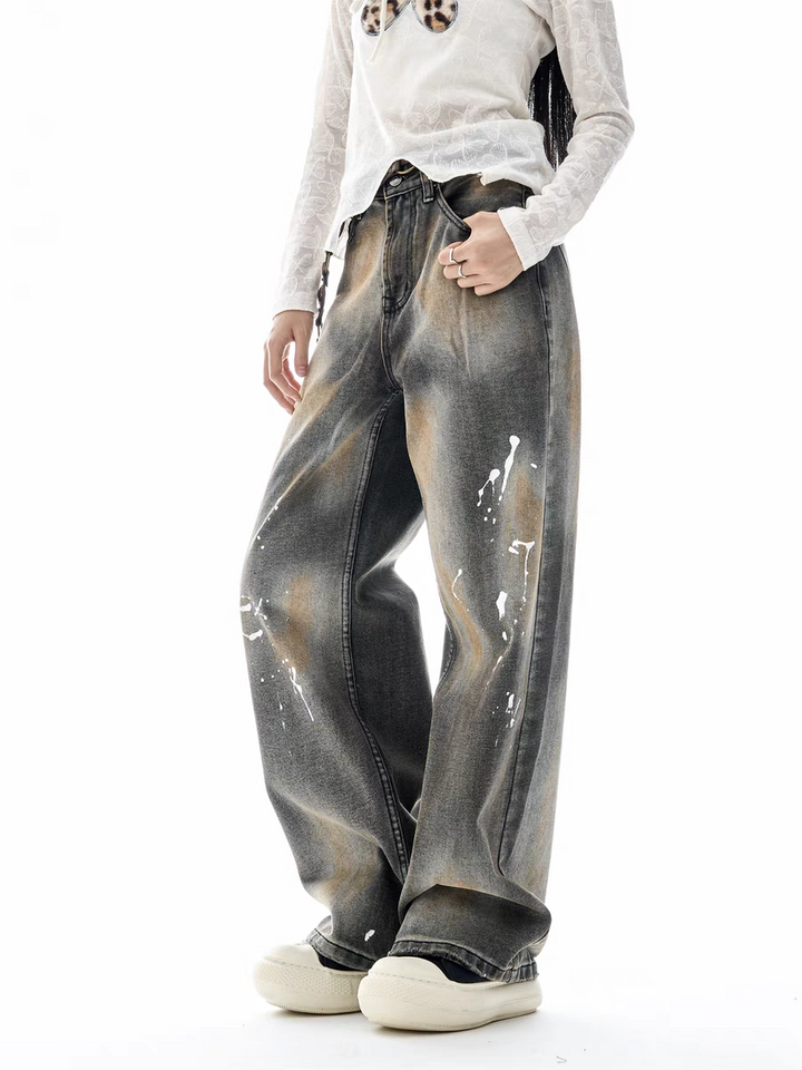GKIKZ PAINT-SPLATTER WASHED WIDE-LEG JEAN PANTS