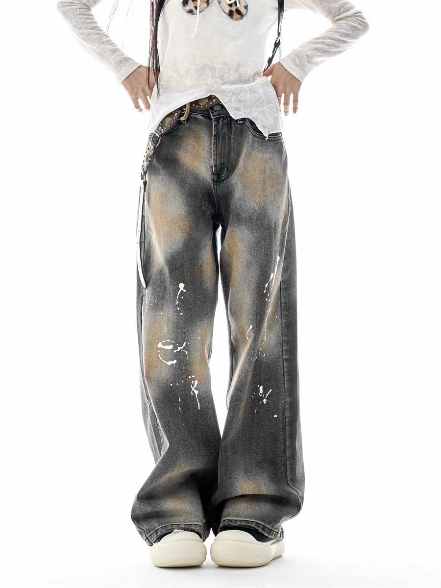 GKIKZ PAINT-SPLATTER WASHED WIDE-LEG JEAN PANTS