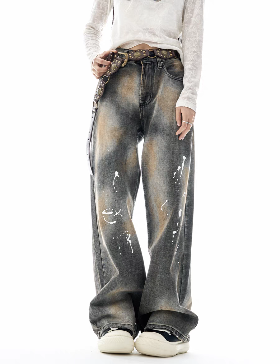 GKIKZ PAINT-SPLATTER WASHED WIDE-LEG JEAN PANTS
