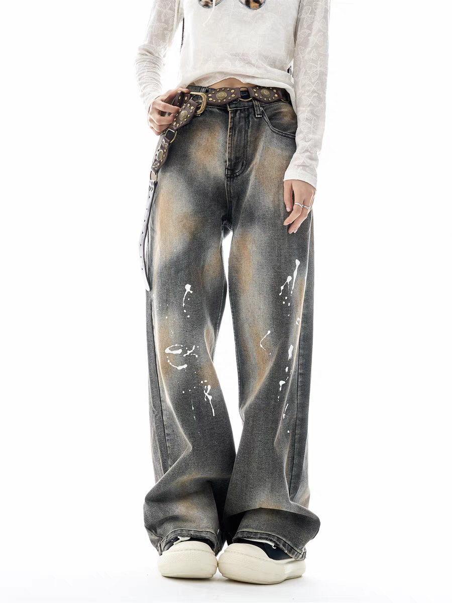 GKIKZ PAINT-SPLATTER WASHED WIDE-LEG JEAN PANTS
