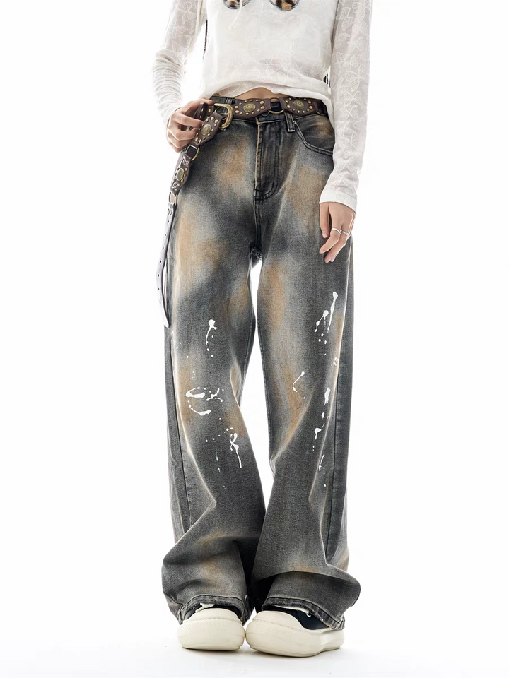 GKIKZ PAINT-SPLATTER WASHED WIDE-LEG JEAN PANTS