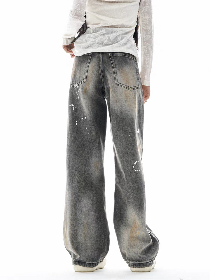 GKIKZ PAINT-SPLATTER WASHED WIDE-LEG JEAN PANTS
