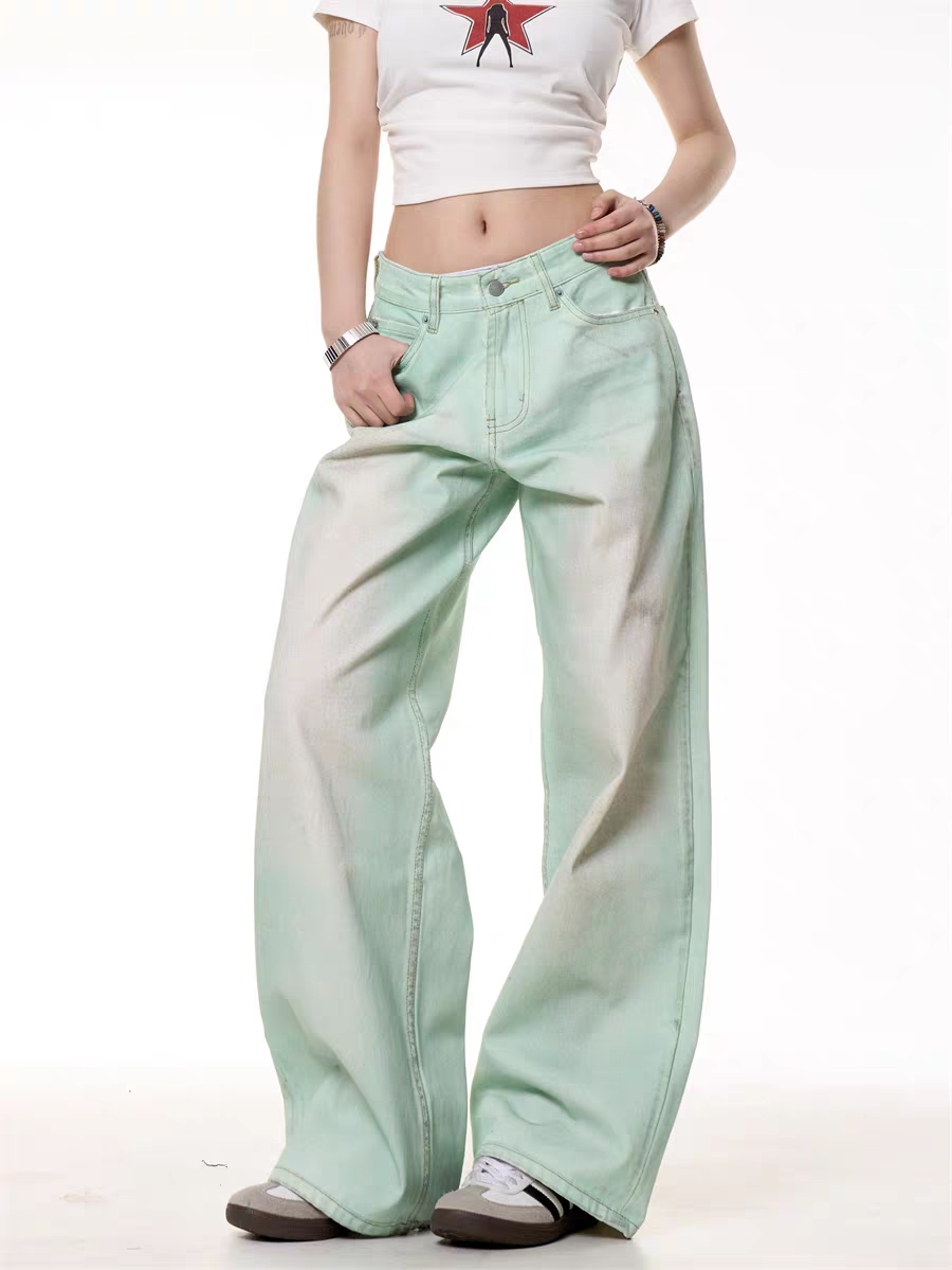 GKIKZ MINT WASHED WIDE-LEG DENIM PANTS