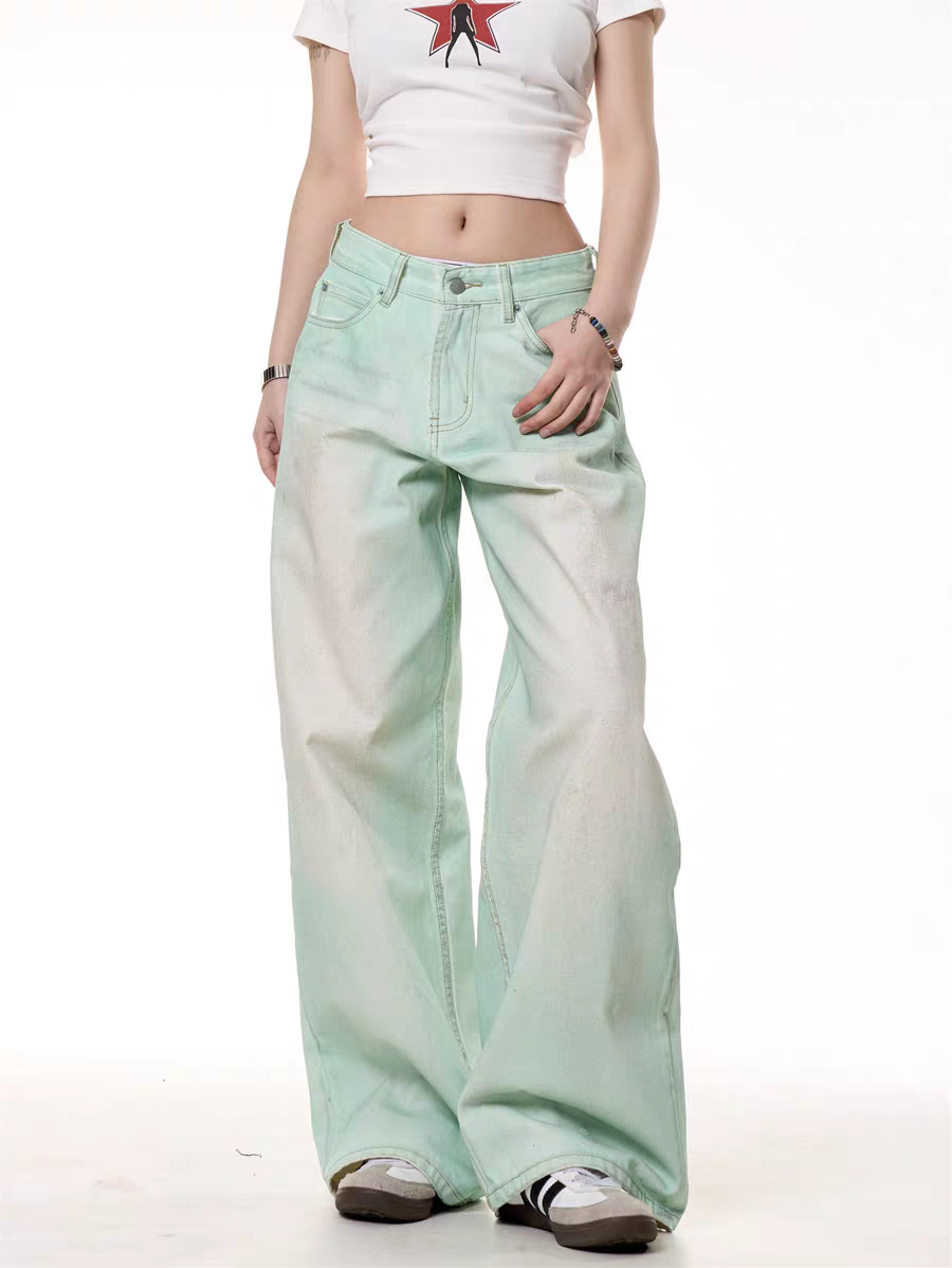 GKIKZ MINT WASHED WIDE-LEG DENIM PANTS