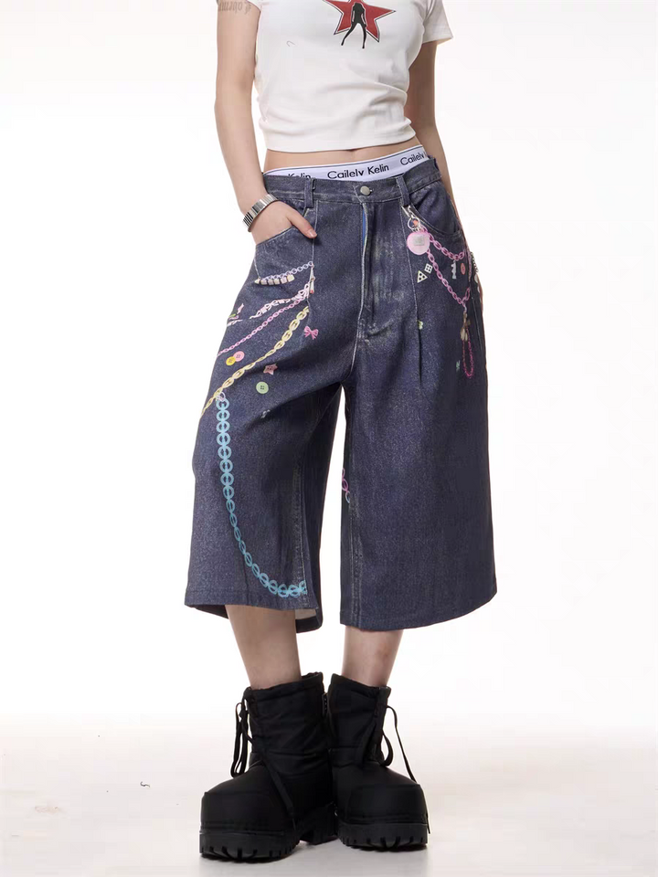 GKIKZ CHAIN REACTION GRAPHIC DENIM JORTS