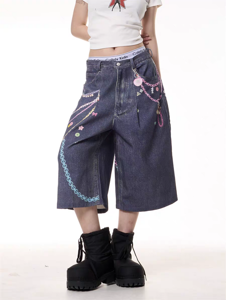 GKIKZ CHAIN REACTION GRAPHIC DENIM JORTS