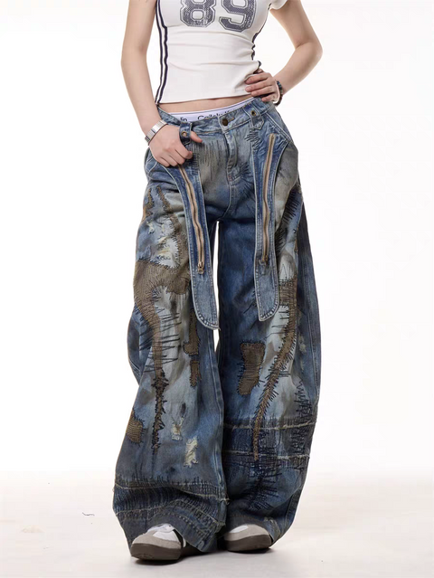 GKIKZ VINTAGE PATCHWORK GRUNGE DENIM PANTS