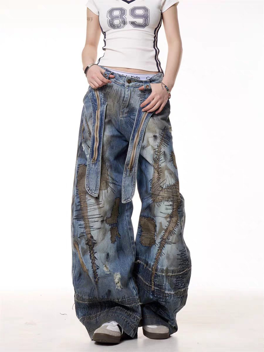 GKIKZ VINTAGE PATCHWORK GRUNGE DENIM PANTS