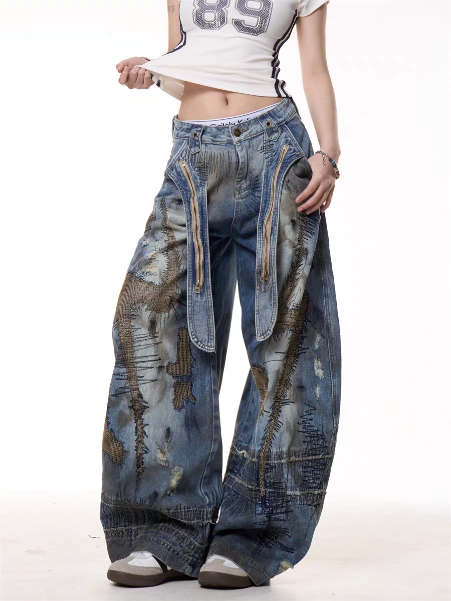 GKIKZ VINTAGE PATCHWORK GRUNGE DENIM PANTS