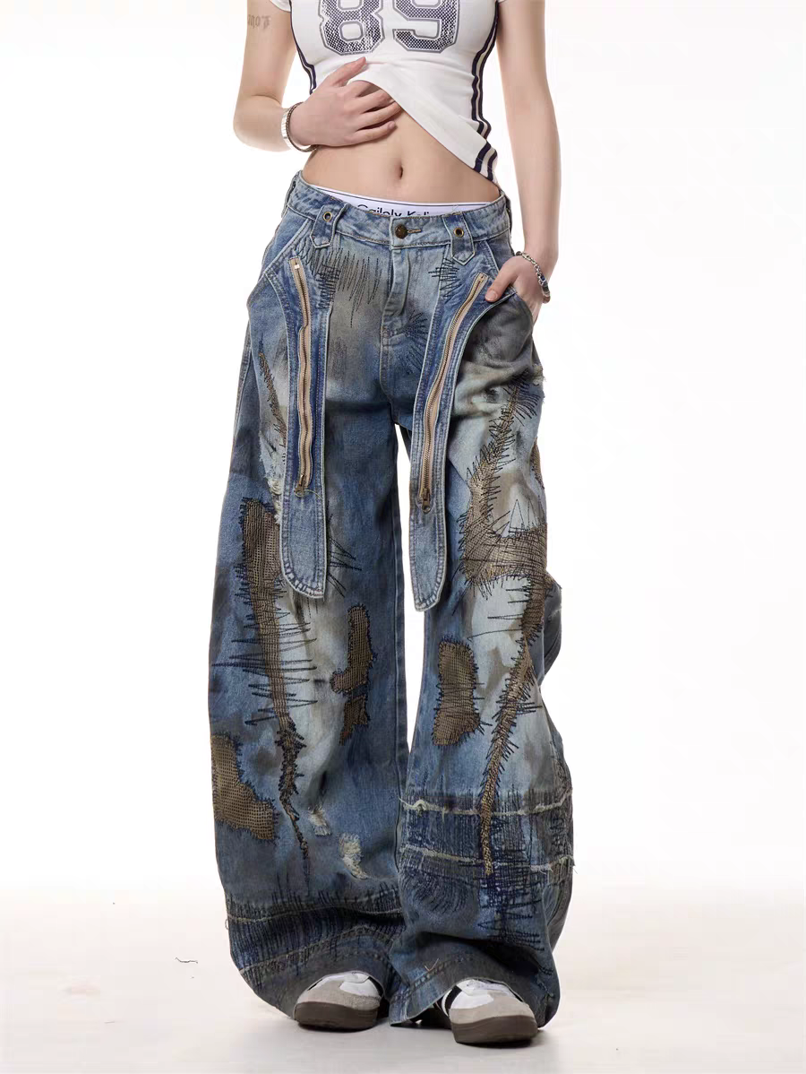 GKIKZ VINTAGE PATCHWORK GRUNGE DENIM PANTS