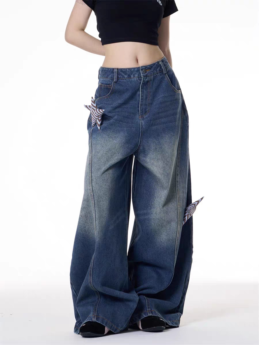 GKIKZ 3D STARS FOLD WIDE-LEG JEAN PANTS