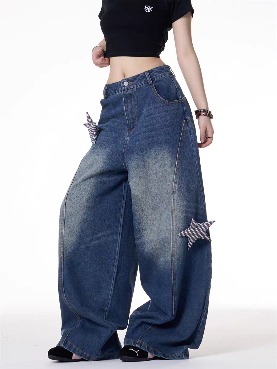 GKIKZ 3D STARS FOLD WIDE-LEG JEAN PANTS