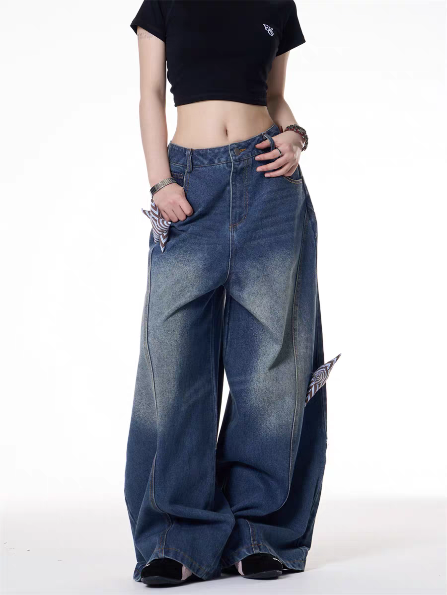GKIKZ 3D STARS FOLD WIDE-LEG JEAN PANTS