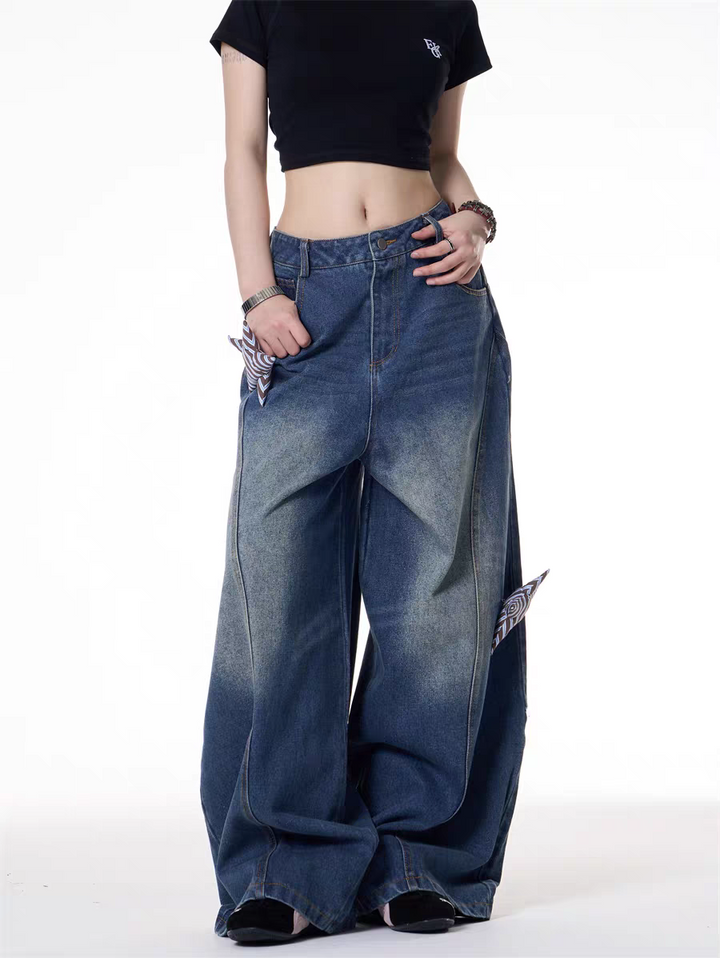 GKIKZ 3D STARS FOLD WIDE-LEG JEAN PANTS