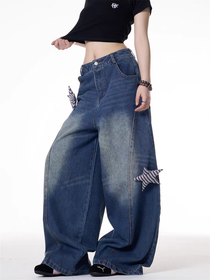 GKIKZ 3D STARS FOLD WIDE-LEG JEAN PANTS