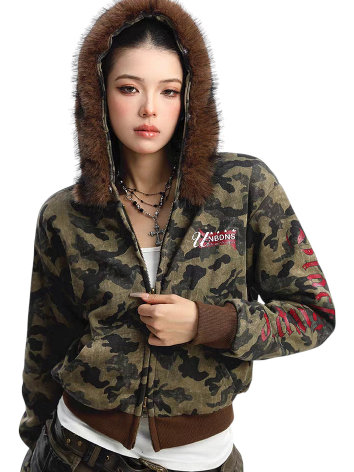 GKIKZ CAMOUFLAGE REVERSIBLE FAUX FUR HOODED JACKET