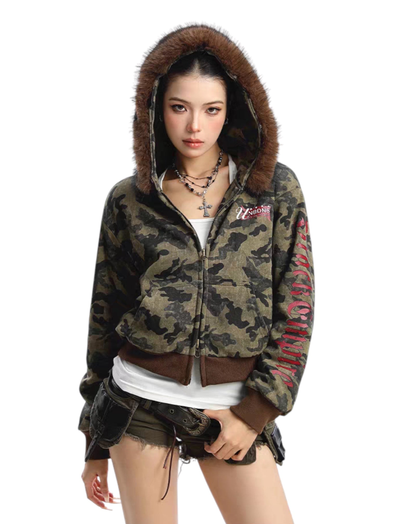 GKIKZ CAMOUFLAGE REVERSIBLE FAUX FUR HOODED JACKET
