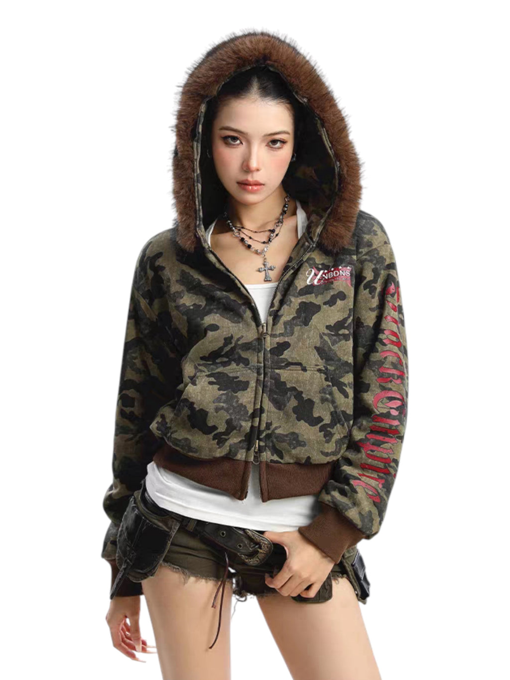 Camouflage Reversible Faux Fur Hooded Jacket
