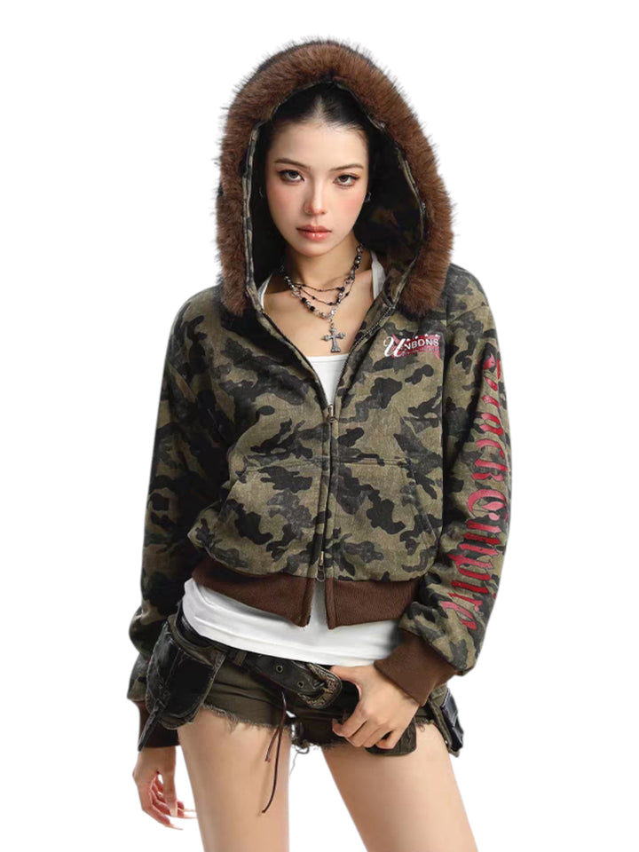 GKIKZ CAMOUFLAGE REVERSIBLE FAUX FUR HOODED JACKET