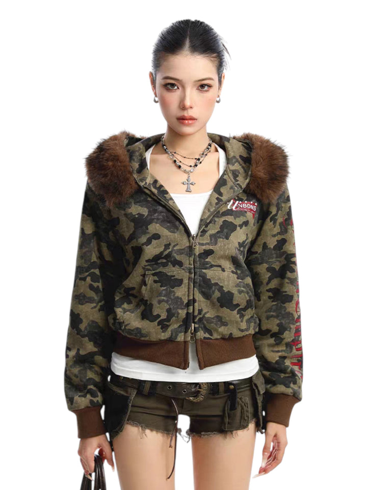 GKIKZ CAMOUFLAGE REVERSIBLE FAUX FUR HOODED JACKET