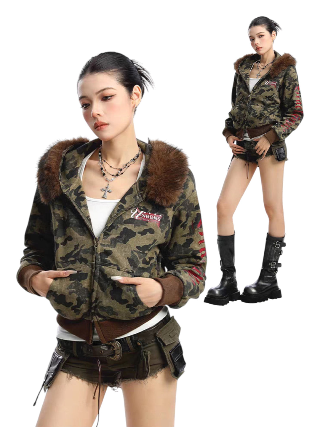 GKIKZ CAMOUFLAGE REVERSIBLE FAUX FUR HOODED JACKET