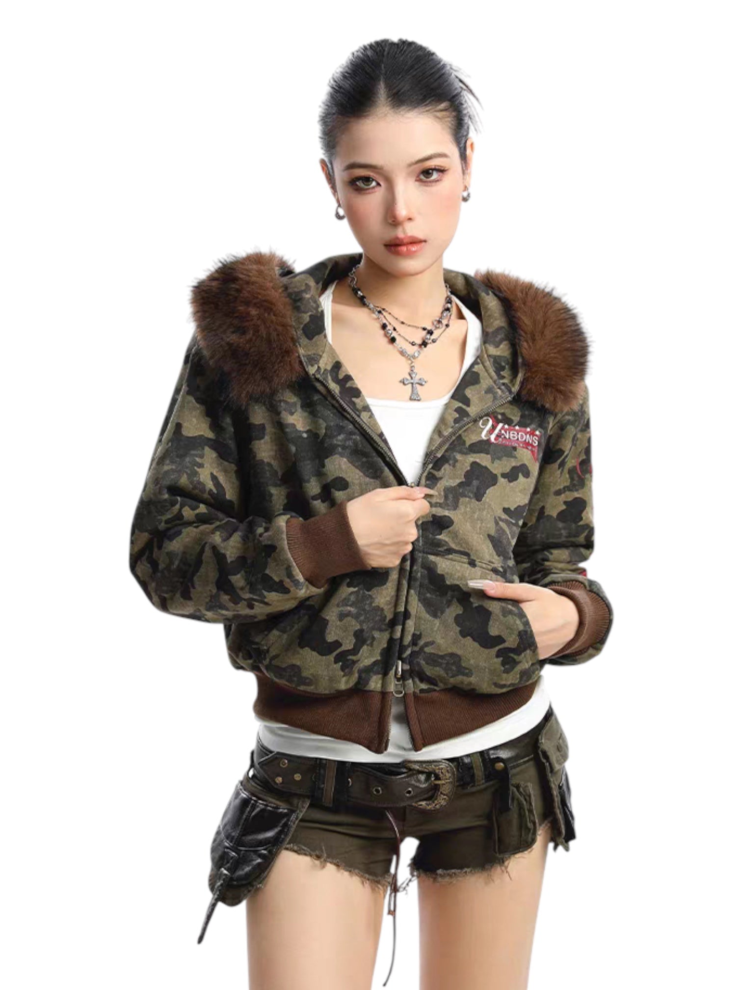 GKIKZ CAMOUFLAGE REVERSIBLE FAUX FUR HOODED JACKET