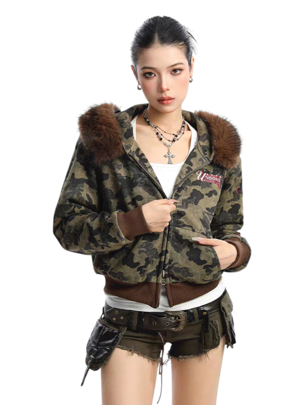 Camouflage Reversible Faux Fur Hooded Jacket