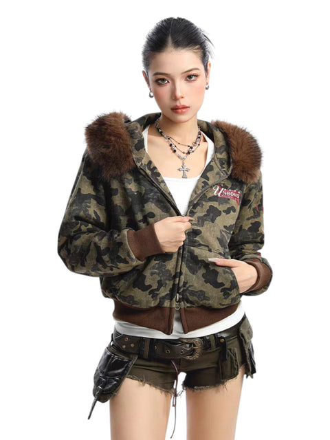 GKIKZ CAMOUFLAGE REVERSIBLE FAUX FUR HOODED JACKET