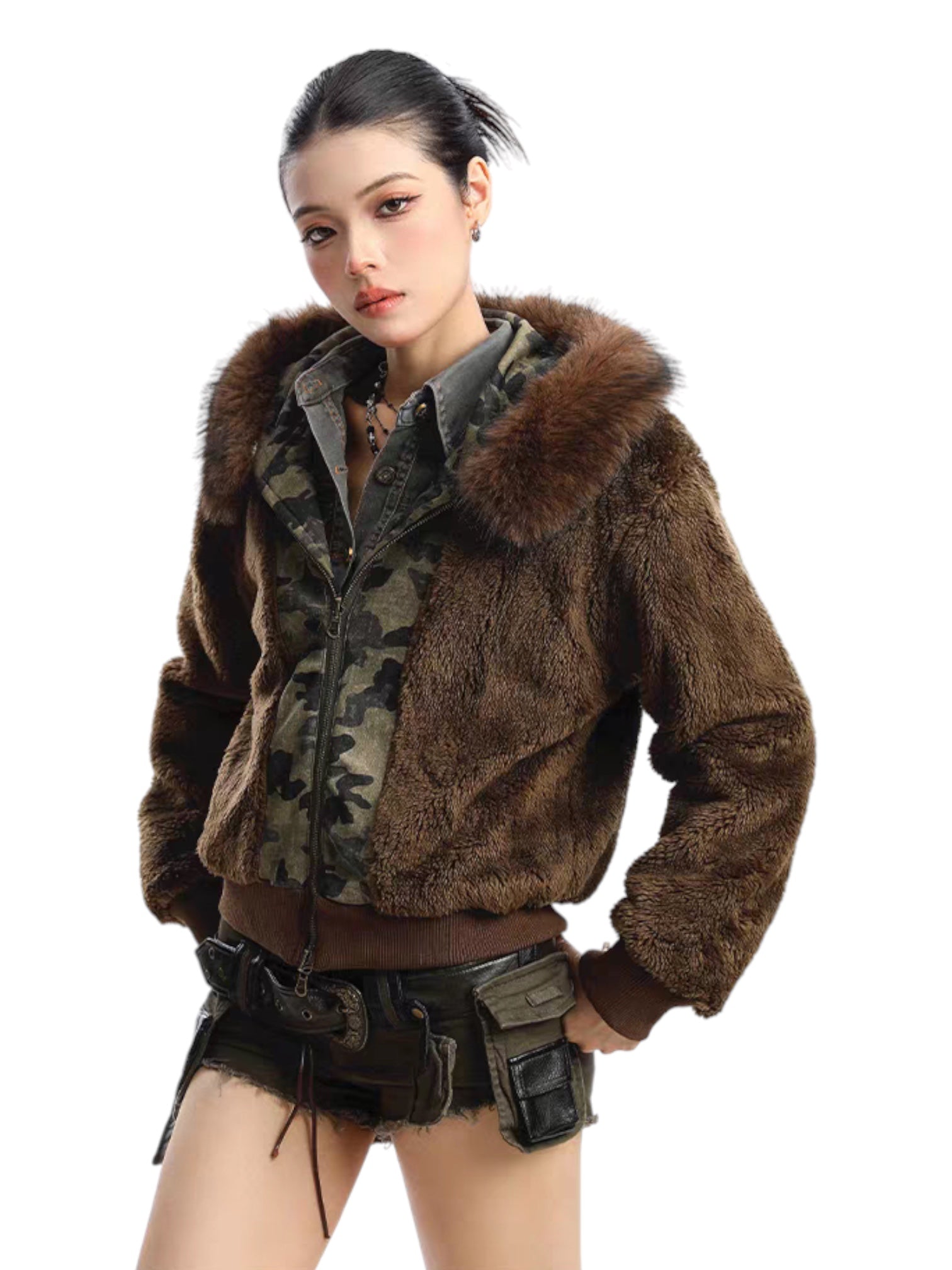 Camouflage Reversible Faux Fur Hooded Jacket