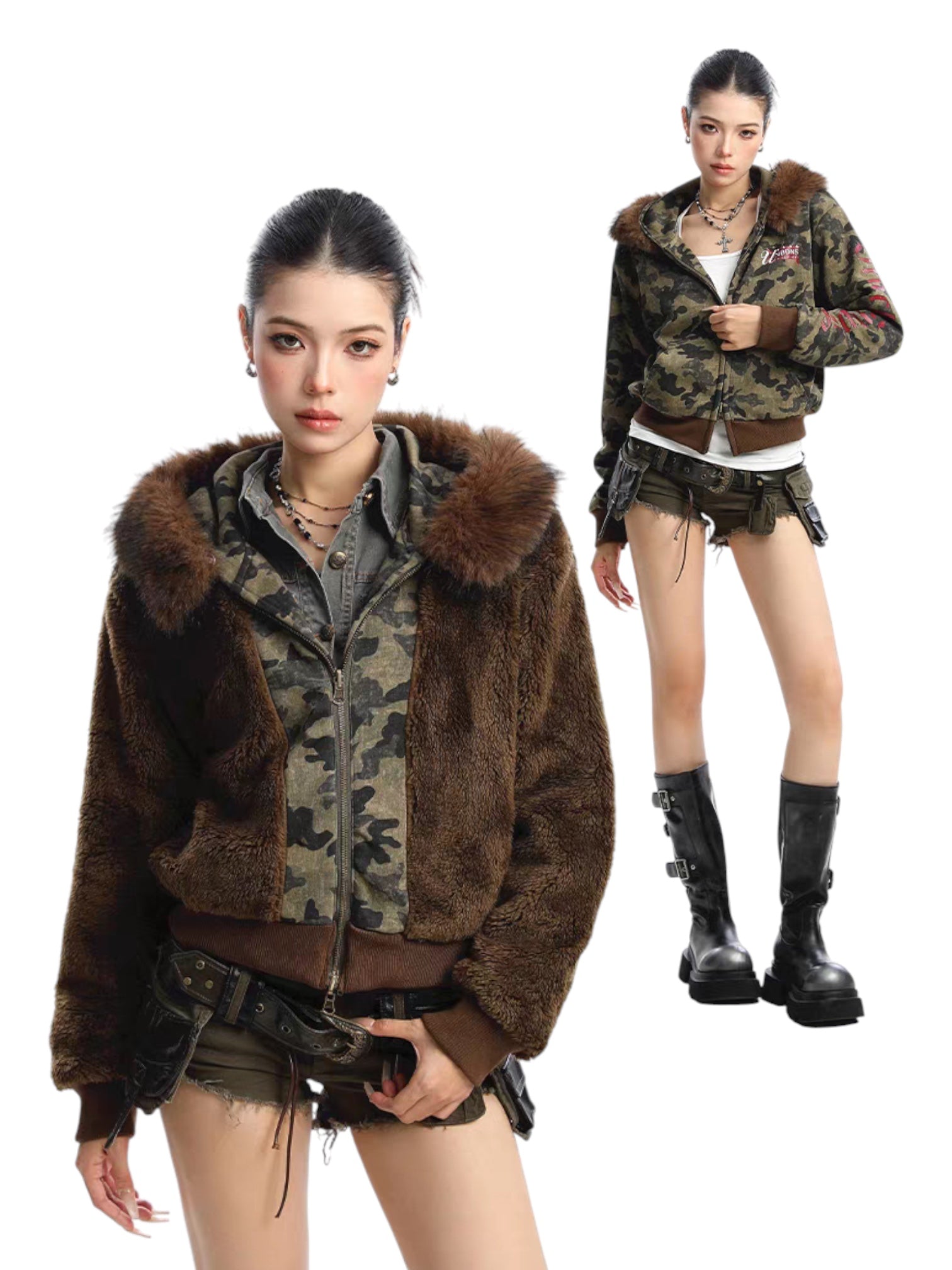 Camouflage Reversible Faux Fur Hooded Jacket