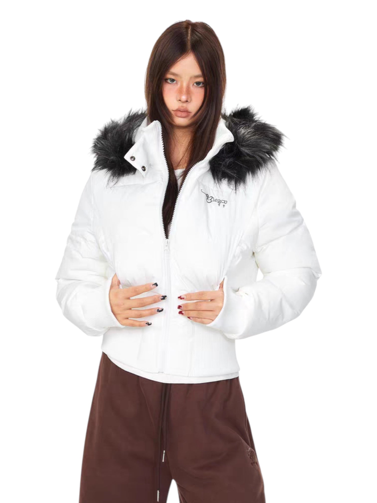 Graffiti Back Faux Fur Puffer Jacket