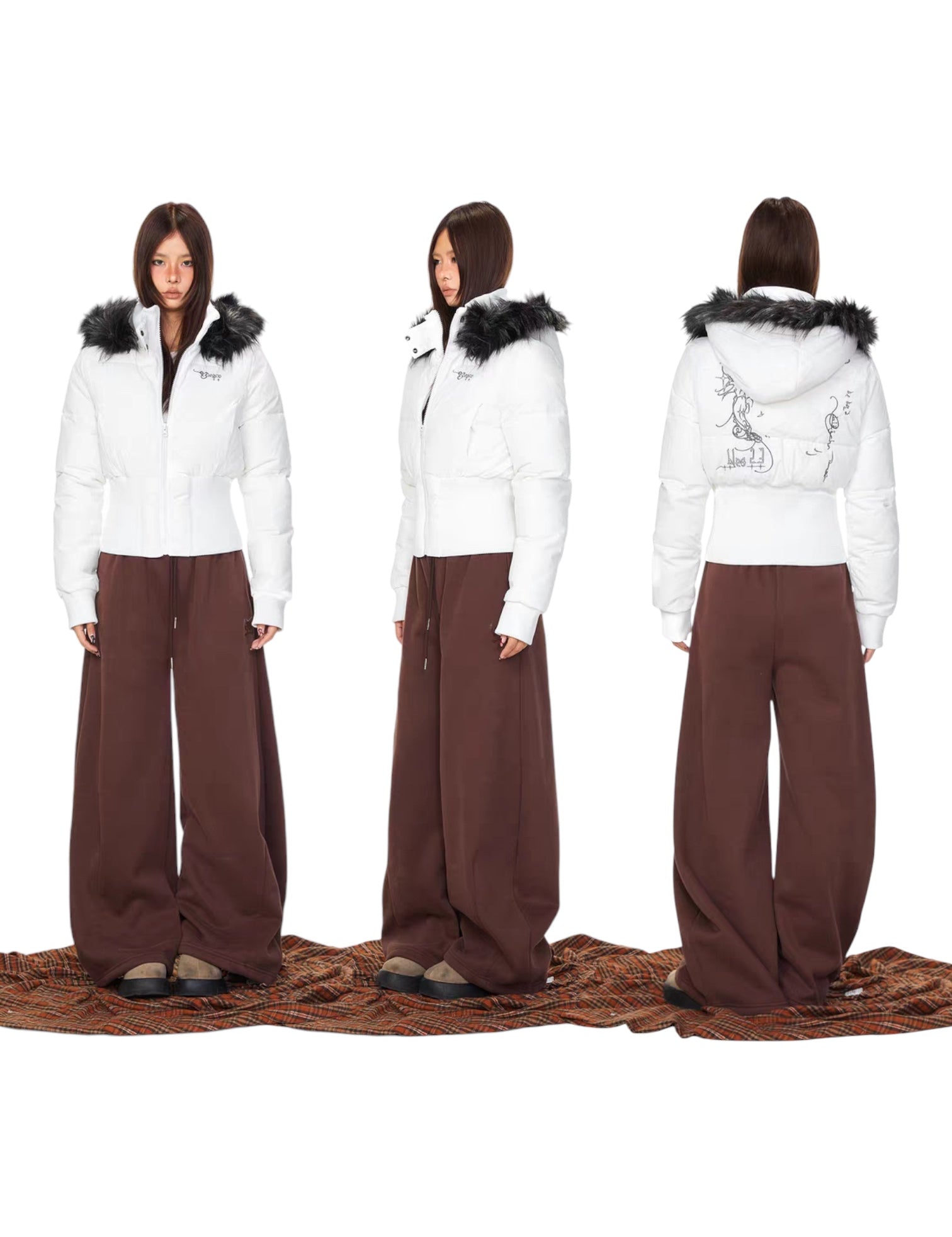 Graffiti Back Faux Fur Puffer Jacket