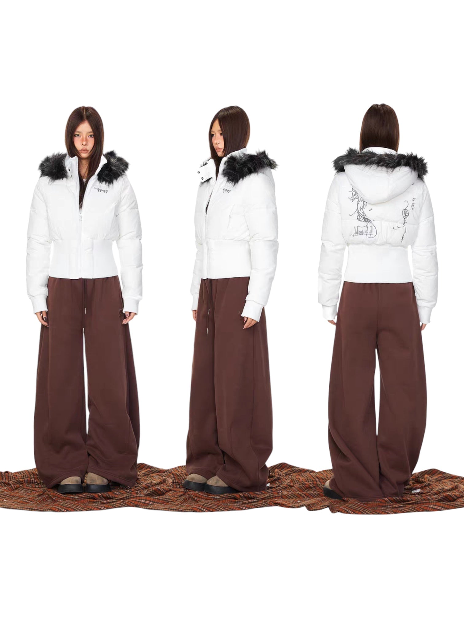Graffiti Back Faux Fur Puffer Jacket