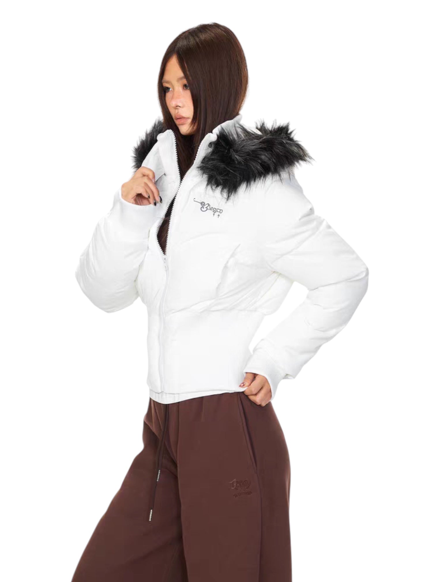 Graffiti Back Faux Fur Puffer Jacket