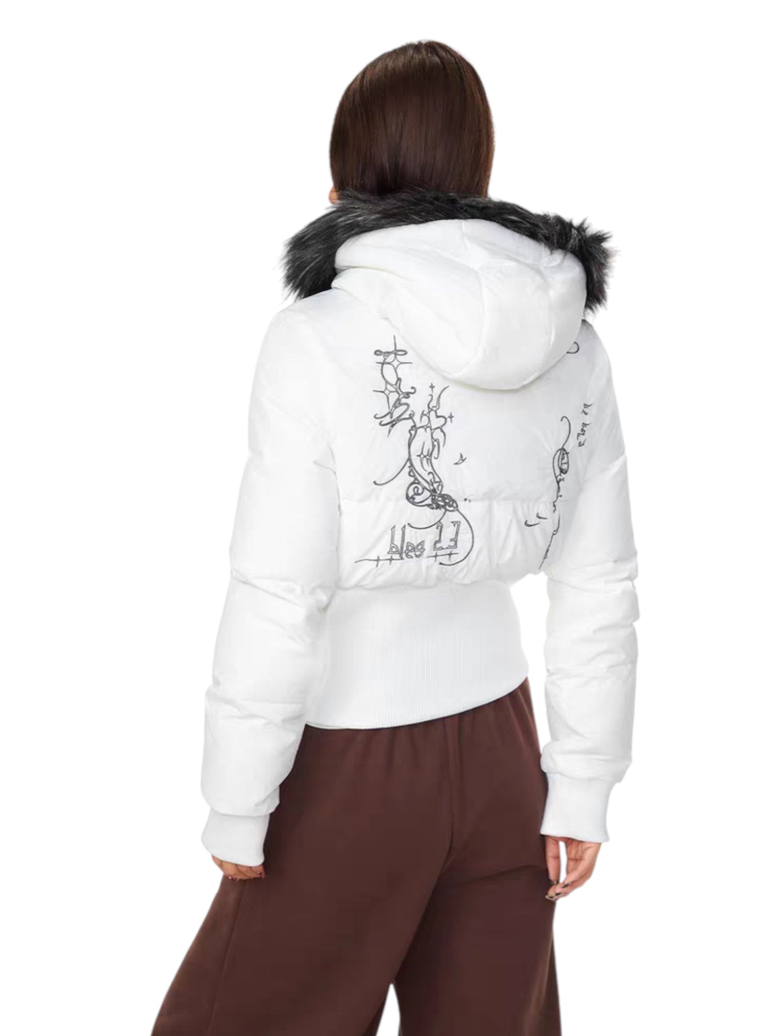 Graffiti Back Faux Fur Puffer Jacket