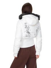 Graffiti Back Faux Fur Puffer Jacket